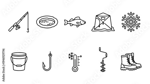 A clean, vector icon set illustrating essential ice fishing equipment including a fishing rod, bucket, fish, tent, hook, thermometer, ice auger, and boots.