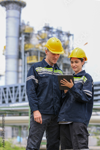 group of industrial engineers workers in a refinery - oil and gas processing equipment and machinery, engineers collaborate with a laptop, blueprint, and digital tablet at the oil storage tanks site.
