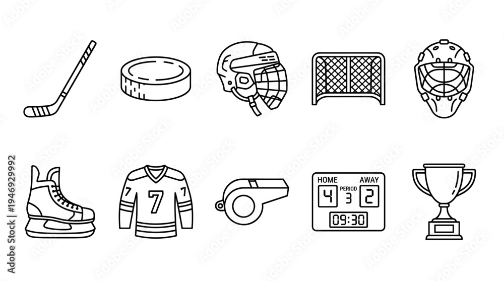 Fototapeta premium A collection of stylized black and white line icons representing various ice hockey equipment and symbols of victory, suitable for sports-related designs.