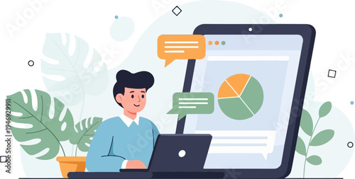 Young man works on laptop with data charts and chat bubbles near houseplants