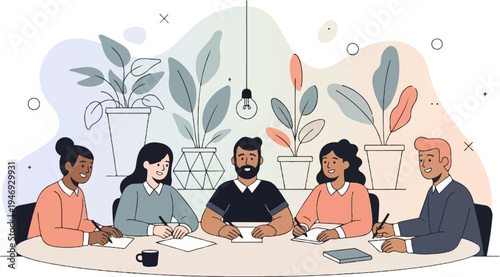 Diverse team collaborating at a table, surrounded by potted plants, with a lightbulb overhead