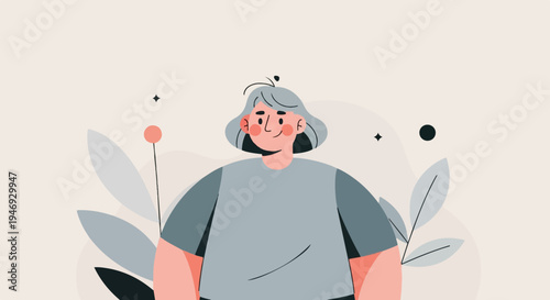Flat illustration of a woman with short gray hair and rosy cheeks, set against a pale background with abstract floral elements and celestial dots
