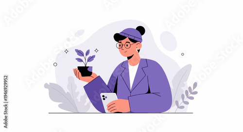 Person holding a plant in a pot and a mobile phone, with abstract shapes in background