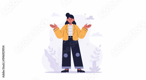 A woman with dark hair, a yellow jacket, and dark pants stands with her arms spread wide, with stylized plants and clouds in the background