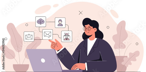 Woman pointing at a digital flowchart showing communication icons and connected people, working on a laptop