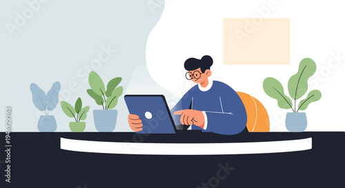 Person in glasses focused on a tablet surrounded by houseplants