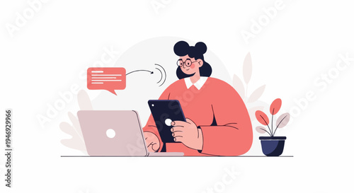 A woman with glasses and a pink top interacts with her tablet and laptop, conveying messages