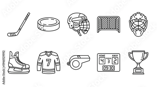 A collection of stylized black and white line icons representing various ice hockey equipment and symbols of victory, suitable for sports-related designs.