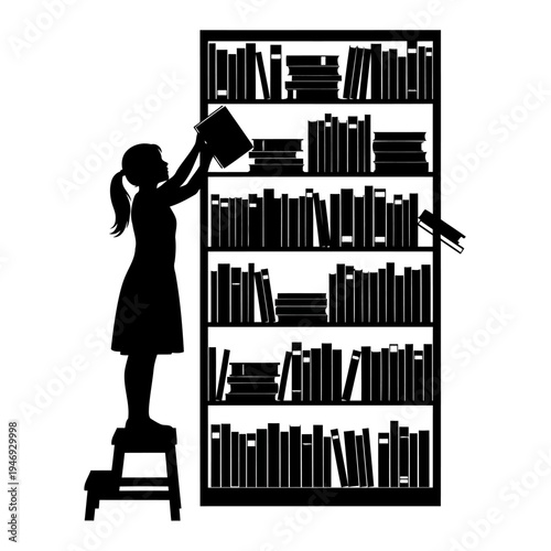 A silhouette of a young girl reaching for a book on a tall shelf