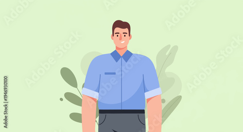 A flat illustration features a man with brown hair, wearing a blue collared shirt and grey pants
