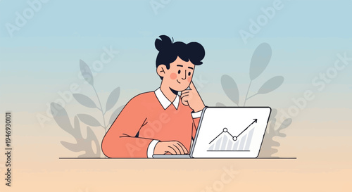 Person looking at a laptop screen displaying a rising graph with a gradient background