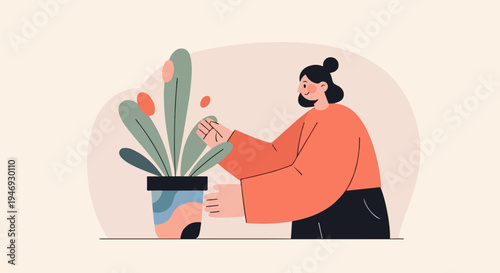 Woman tending to a potted plant with green leaves and orange dots