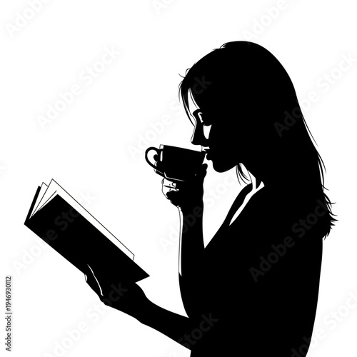 A woman reading a book and drinking from a cup