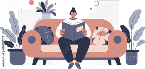 Person reading a book on a couch surrounded by potted plants in a minimalist style