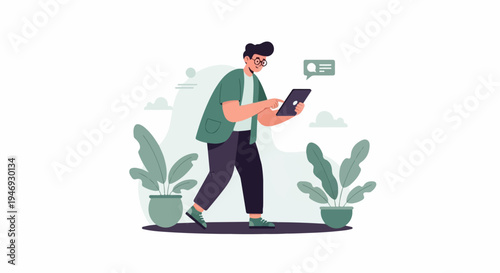Man with tablet and plants in stylized outdoor scene