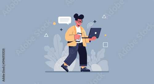 Modern person with phone and laptop, communicating digitally amidst abstract shapes and plants