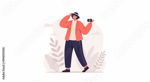 Stylized person in a hat and orange jacket holds a phone, outdoor plants in background