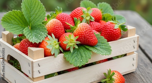 Fresh April strawberries with green leaves dew covered in wooden crate farm spring fruit