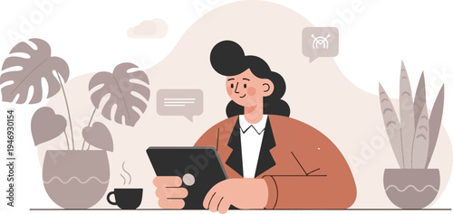 Person working on a tablet surrounded by plants and coffee