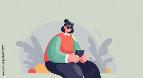 A person in stylish attire with sunglasses gazes at their phone amidst abstract foliage