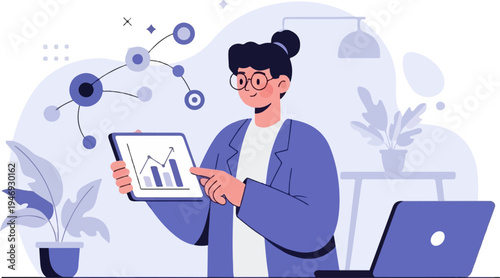 A person in a blue blazer and glasses shows a tablet with a rising graph