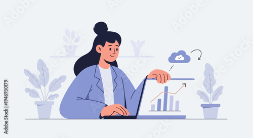 A woman works on a laptop displaying charts and a cloud icon, with potted plants nearby