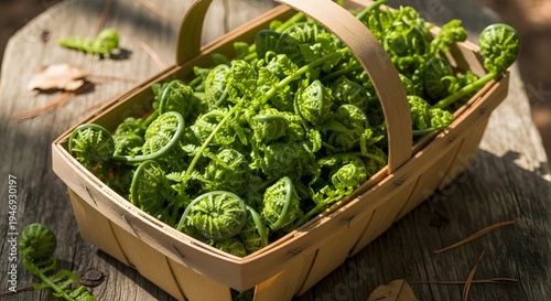Fresh fiddlehead ferns curled green tips rustic basket seasonal spring wild edible delicacy