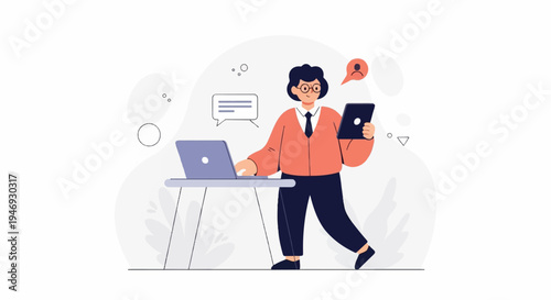 Person with laptop and tablet, communicating