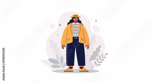 Stylish individual wearing a hat and a yellow jacket, with dark pants and shoes