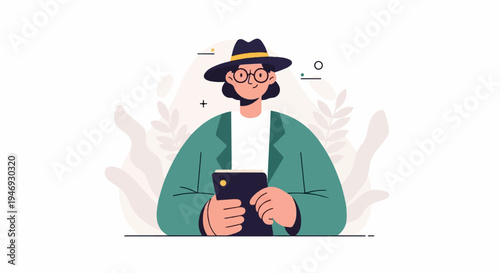 Illustrated person in a hat, glasses, and blazer holding a tablet device