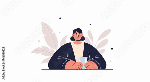 Illustration of a person in glasses holding a mug with leaves in the background