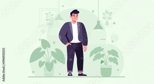 A man in a suit stands amidst plants and minimalist decor, with hanging lights above