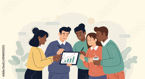 Diverse team collaborates on a tablet displaying a growing chart, fostering discussion and teamwork