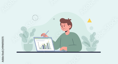 A smiling person analyzes a graph on a laptop, surrounded by plants, on a light blue background