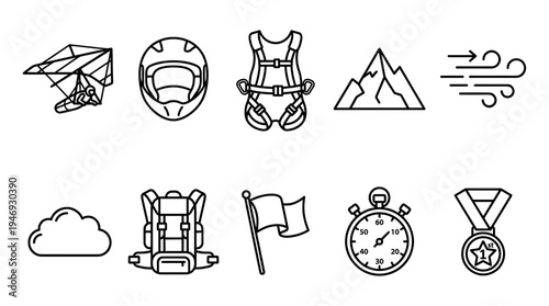 A collection of simple black line art icons representing elements of adventure sports, including a hang glider, helmet, harness, mountain, wind, cloud, backpack, flag, stopwatch, and medal.