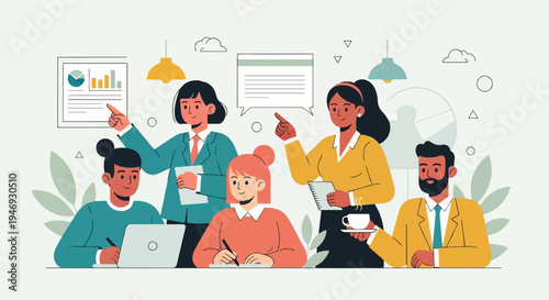 Diverse professionals collaborate on project, presenting data, writing, and discussing ideas