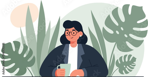 A person with glasses and a blazer holds a cup amidst tropical foliage and a sun