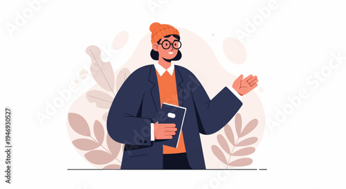 A person in a beanie and blazer holds a book and gestures with an open hand
