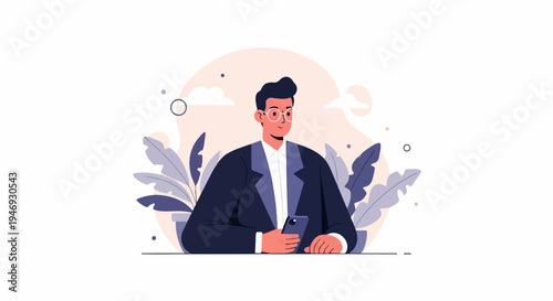 Professional person in a suit holding a smartphone, surrounded by stylized plants and abstract shapes