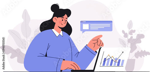 Woman working on laptop, analyzing graphs and charts in a modern, illustrated style