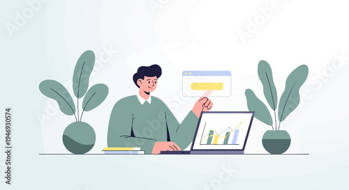 Person pointing at a laptop screen displaying a graph, surrounded by potted plants