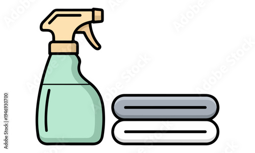 Cleaning spray bottle and folded towels vector illustration