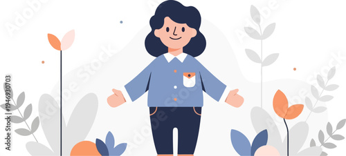 Friendly cartoon character with dark hair and blue shirt, standing amid abstract floral elements