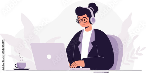 Person with headphones and glasses working on a laptop, with coffee nearby