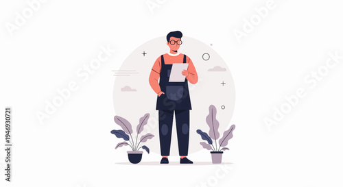 Person in apron holding paper, surrounded by plants and abstract shapes