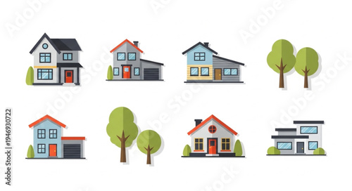 Collection of Colorful Cartoon Houses and Trees Illustrations.