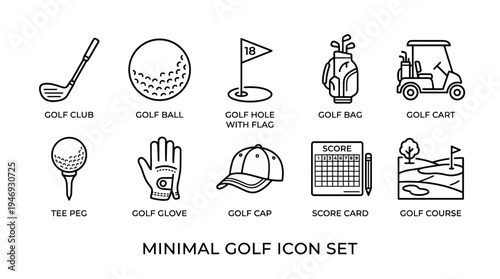 A clean, minimalist collection of golf icons featuring equipment like a club, ball, bag, cart, and score card, suitable for sports websites and apps.