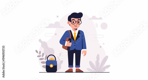 A young man in a blue suit and glasses carries a satchel while standing by plants