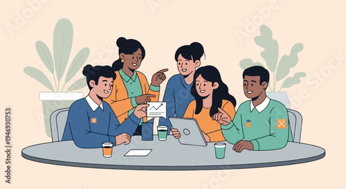 Diverse group collaborating around a table, discussing a chart on a tablet and paper