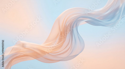 A graceful and delicate silk fabric creates a smooth, ethereal curve against a soft, dreamy pastel background, evoking a sense of calm movement and artistic fluidity